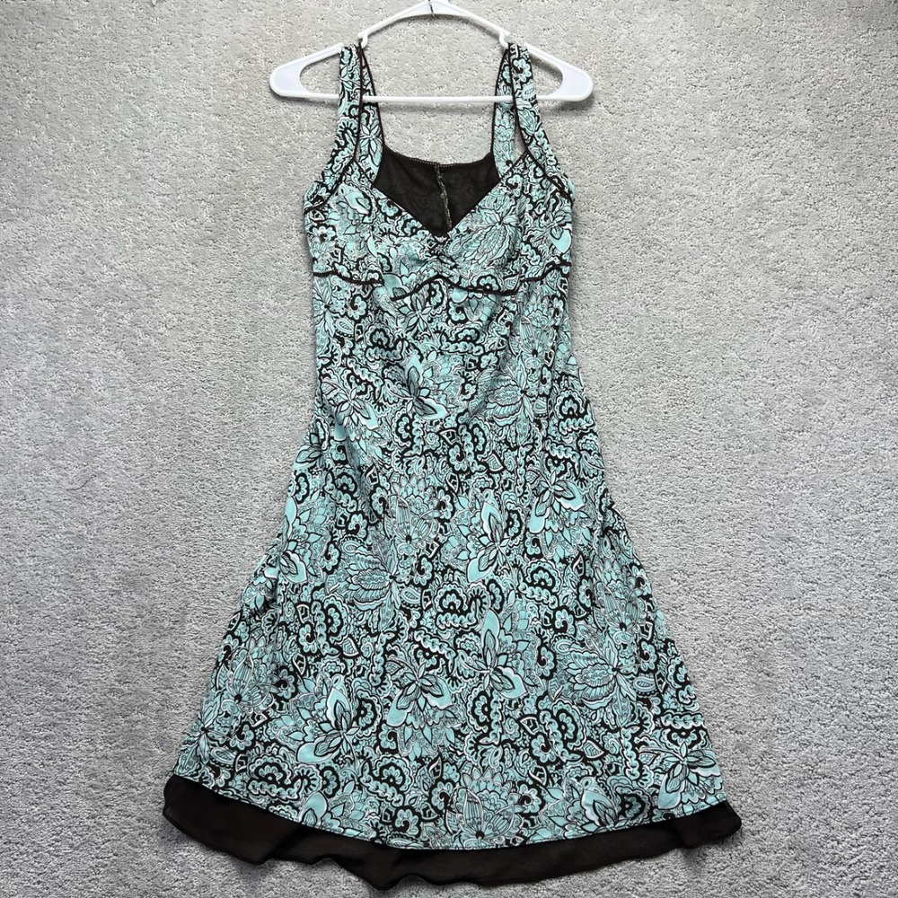 Loft Ann Taylor Midi Dress Womens 4/6? Aqua Brown Rayon Paisley Floral Y2k